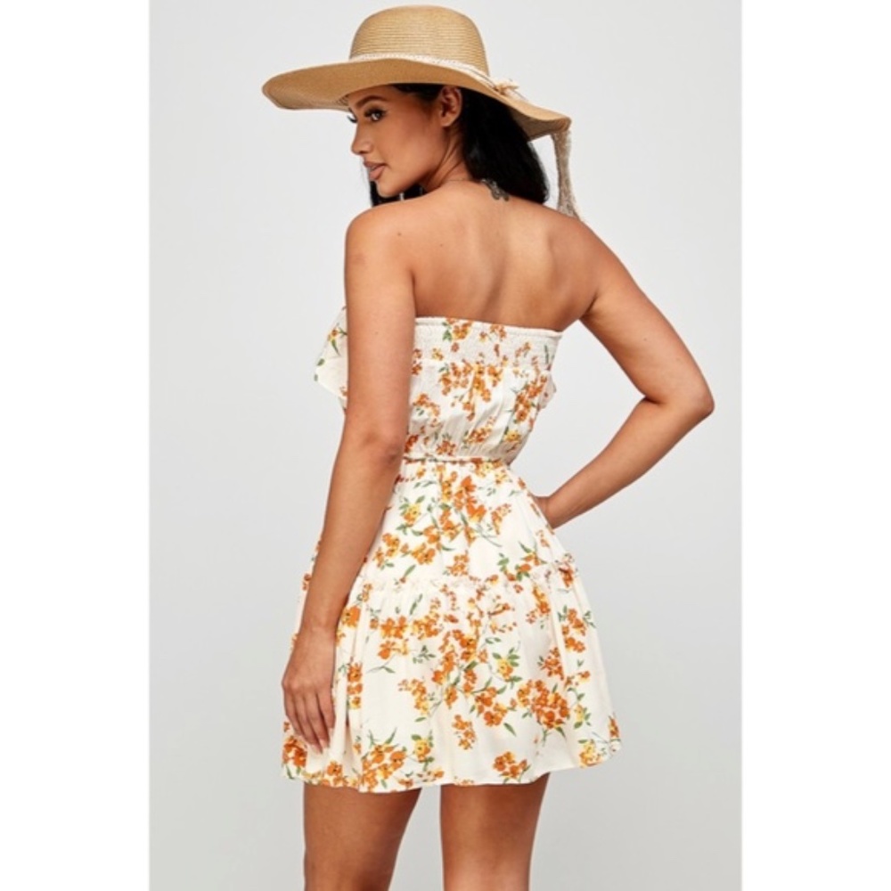 Cream Orange Floral Print Ruffle Trim Strapless Tube Casual Summer Mini Dress - Picture 6 of 6
